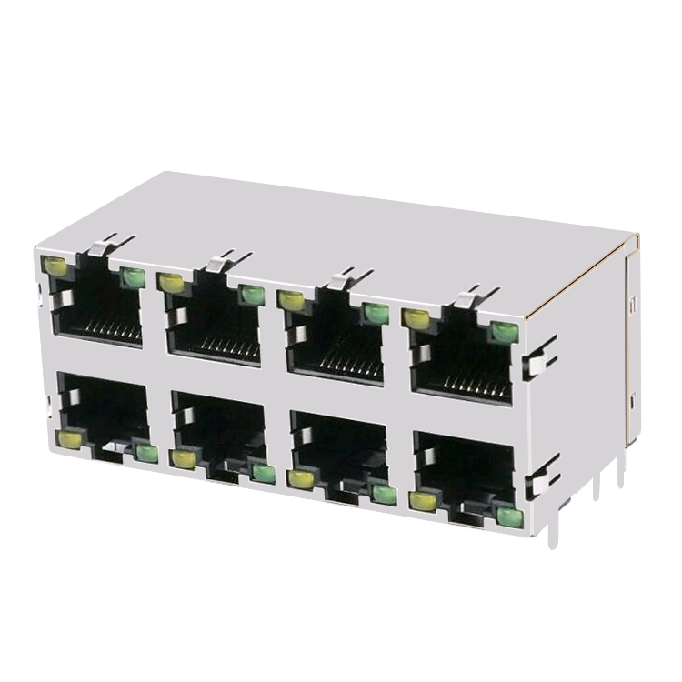 6339082-1 ​​Kanthi LED 8P8C Modular Jack 2×4 Port Ditumpuk Konektor Ethernet RJ45
