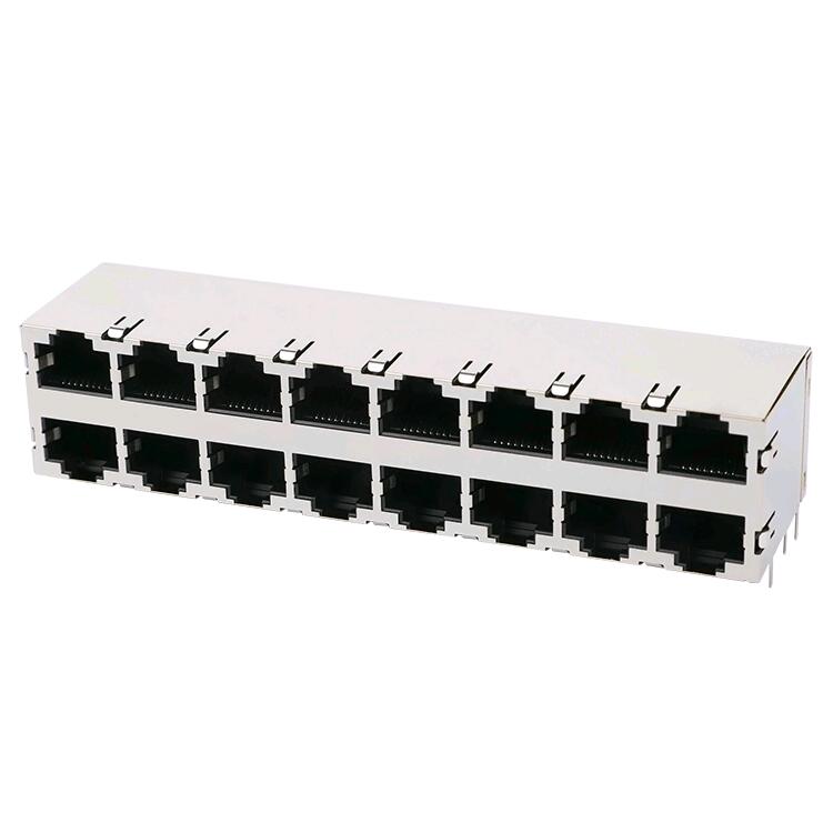 2-1734473-1 Laisi LED Cat5 LAN JACK 2×8 Port Ethernet RJ45 Asopọmọra